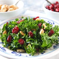 massaged kale salad with cranberries and cashews