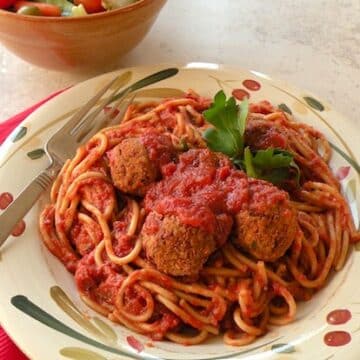 Vegan beanballs and spaghetti