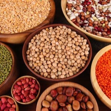 Beans, lentils, and nuts in bowls