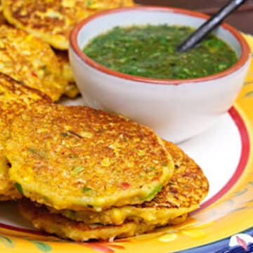 Corn fritters with tomatillo-cilantro sauce