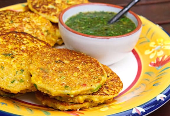 Corn fritters with tomatillo-cilantro sauce