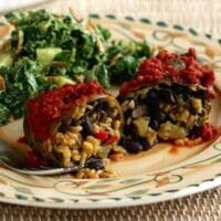Collard Greens-Wrapped Yellow rice and black bean enchiladas