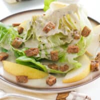 Butter lettuce wedge salad with pears and tempeh bacon