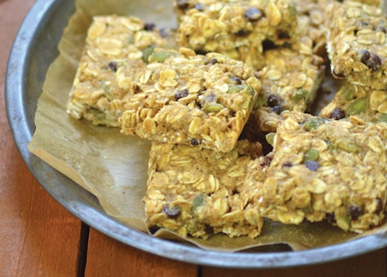 vegan oatmeal chocolate chip bars with pumpkin seeds