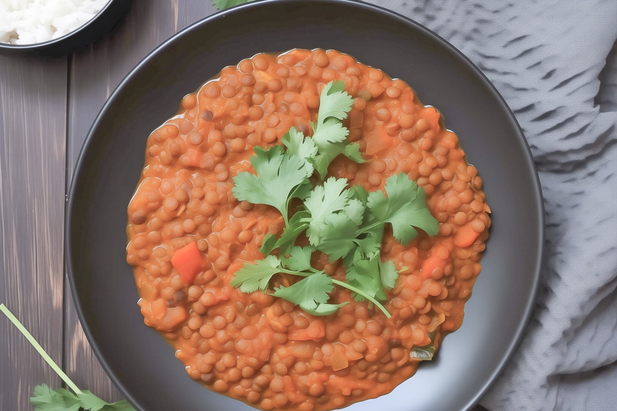 Plate of masala lentil dal topped with cilantro on a dark wooden table
