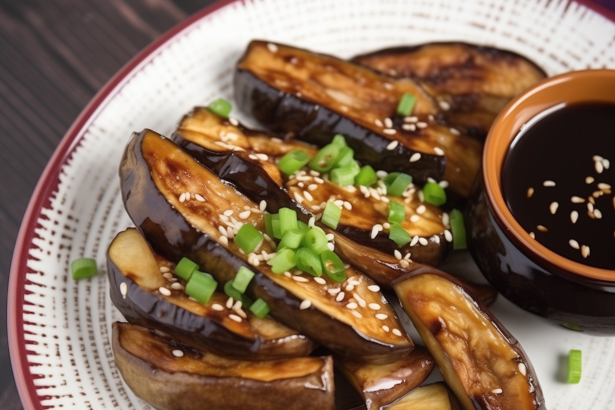 Teriyaki eggplant halves on a white plate garnished with scallions and sesame seeds