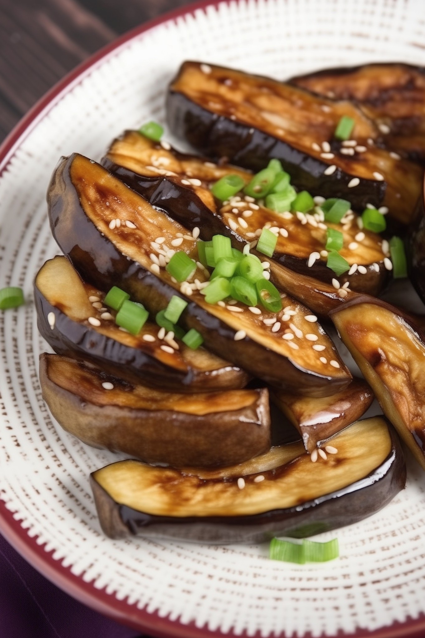 Close-up of teriyaki eggplant with sesame seeds and green onions
