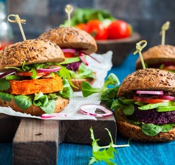 Veggie beet and carrot burgers with avocado