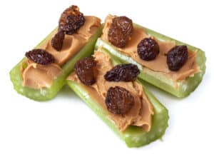 Ants on a log, celery with peanut butter and raisins