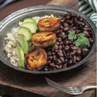 Cuban brown rice bowl with black beans and plantains