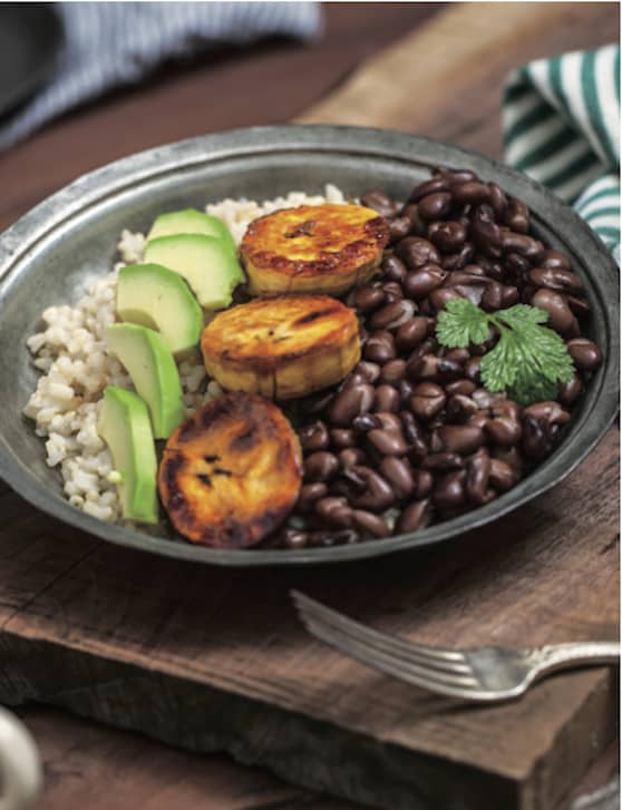 Cuban brown rice bowl with black beans and plantains