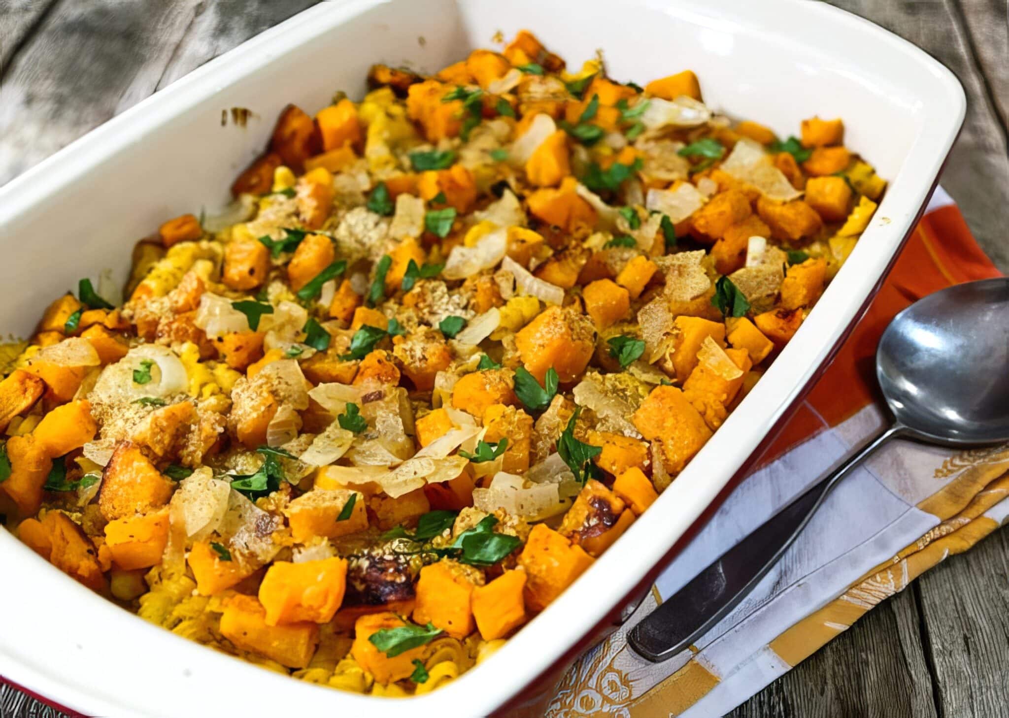 butternut squash and pasta casserole in a white baking dish
