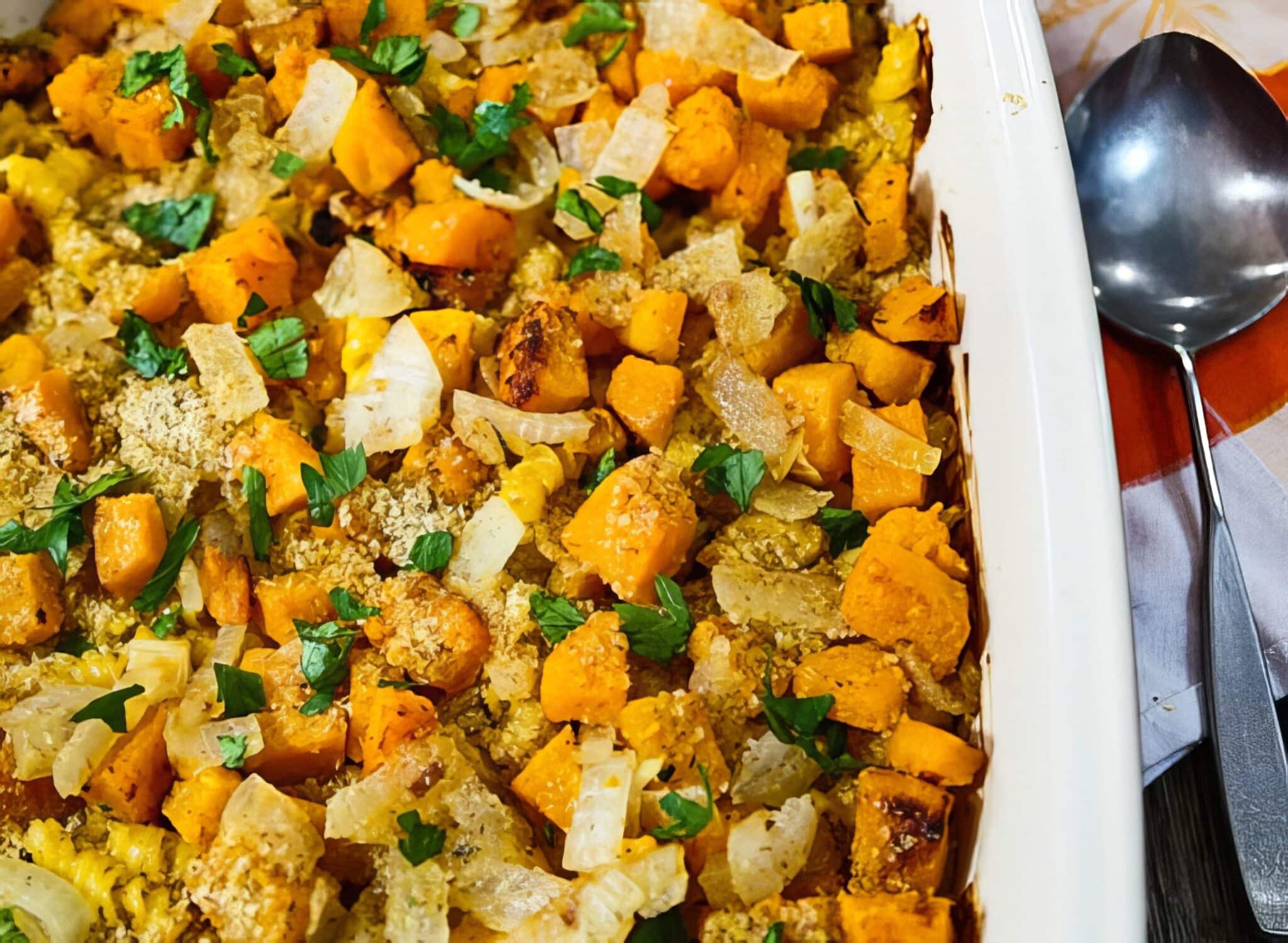 close up of my butternut squash and pasta casserole