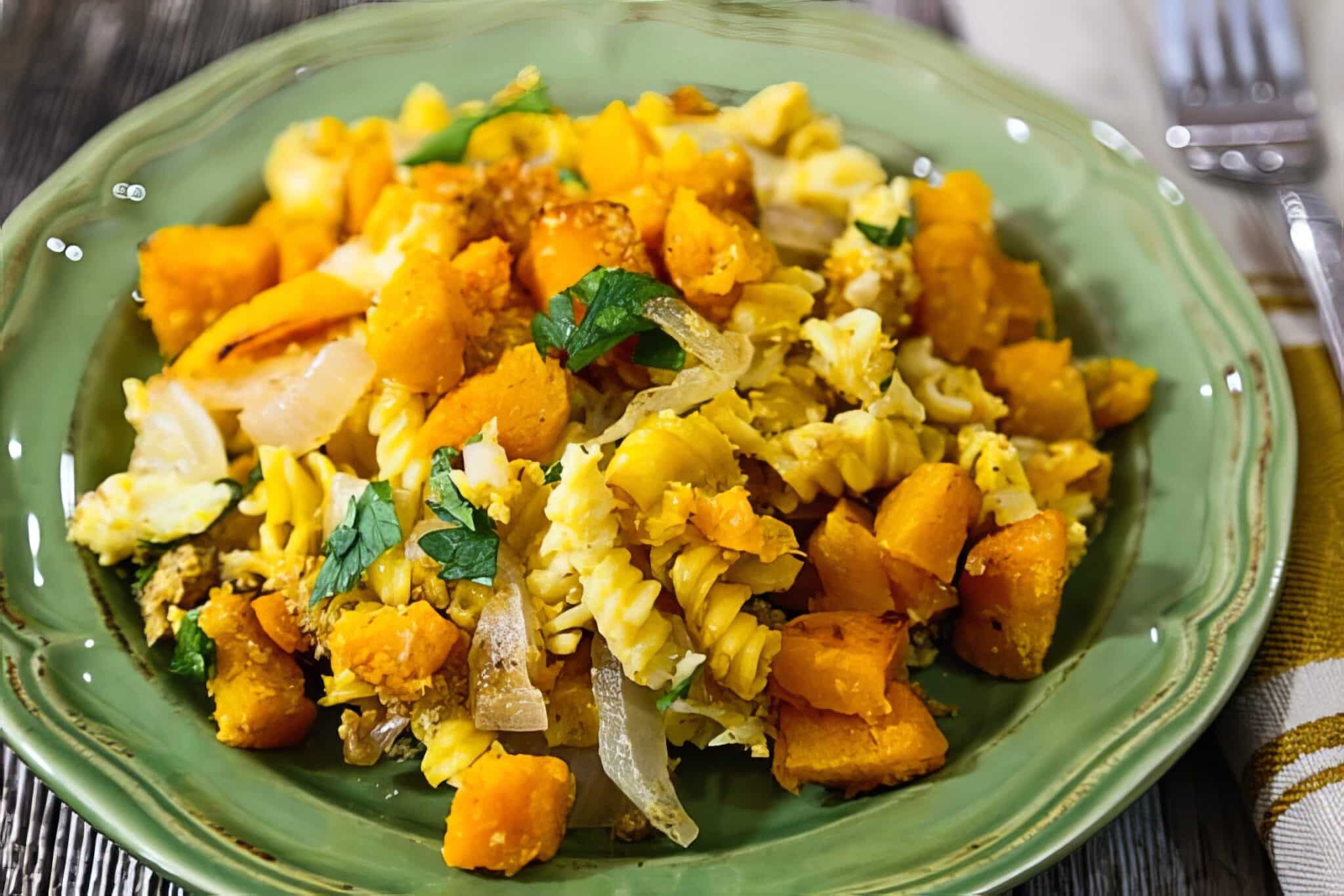 butternut squash and pasta casserole being eaten from a green bowl