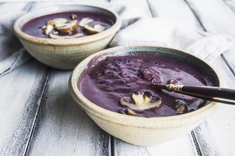 VEGAN PURPLE CREAM OF MUSHROOM SOUP WITH WILD BLACK RICE