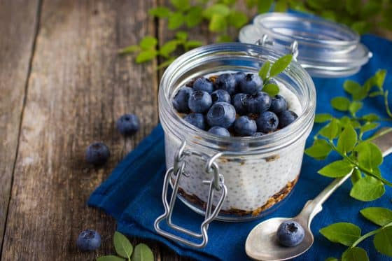 Pudding With Chia Seeds, Granola, and blueberry