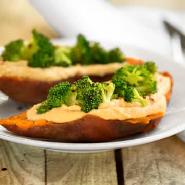 Hummus and broccoli stuffed sweet potato