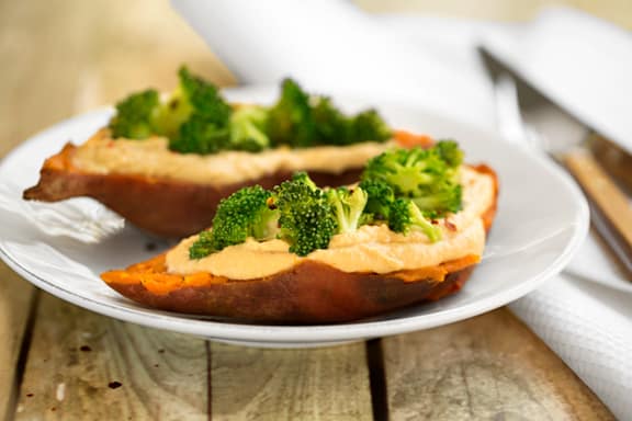 Hummus and broccoli stuffed sweet potato