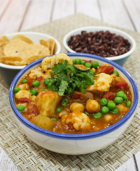 Masala Vegetables with Maya Kaimal Indian Simmer sauce & chickpea chips