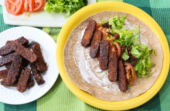 Tempeh "bacon" lettuce tomato wraps