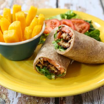 Tempeh bacon lettuce tomato wraps and polenta fries