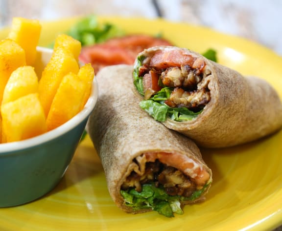 Tempeh "bacon" lettuce tomato wraps and polenta fries