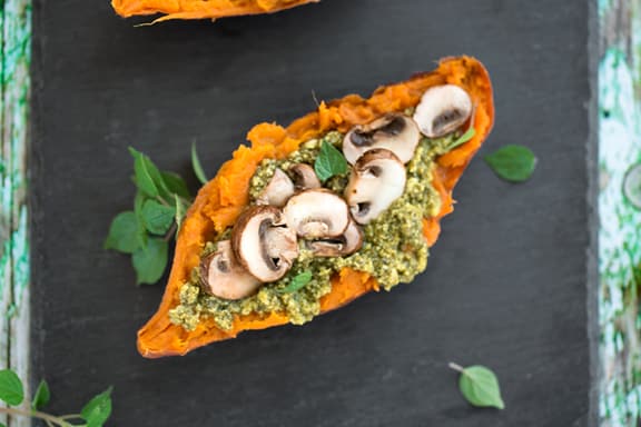 pesto & mushroom stuffed sweet potatoes