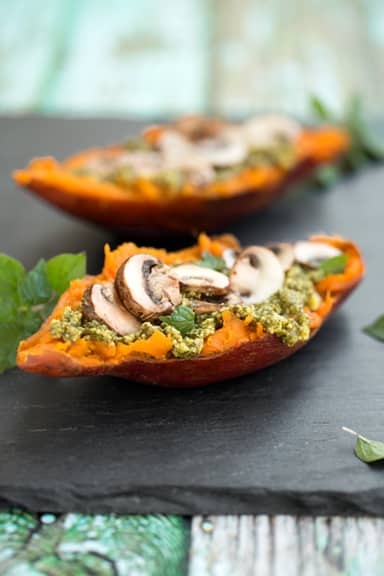 pesto & mushroom stuffed sweet potatoes