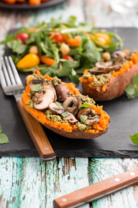 Mushroom and Pesto-Stuffed sweet potato dinner