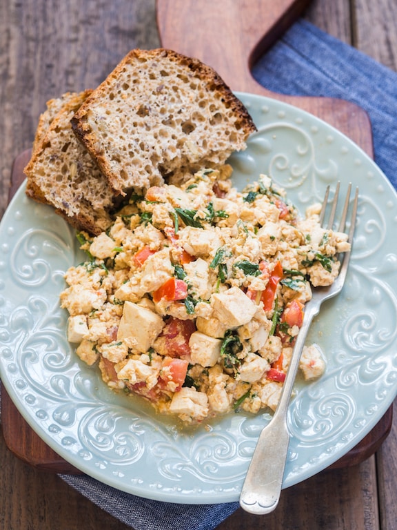 Tofu tomato and scallion scramble