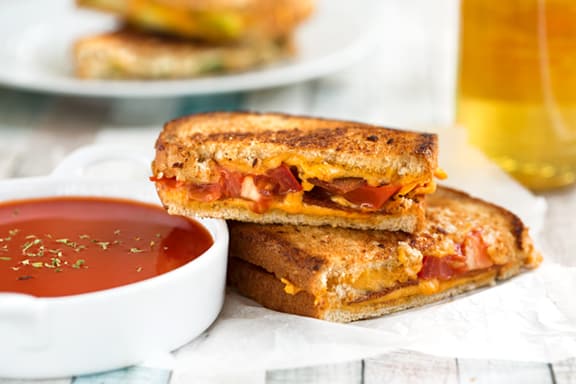 Vegan grilled cheese sandwich with tomato soup