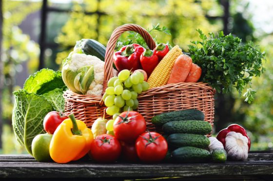 Wicker basket with assorted raw organic vegetables in the garden.