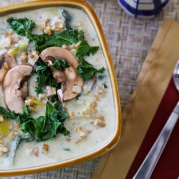 Creamy mushroom and leek soup with ancient grains
