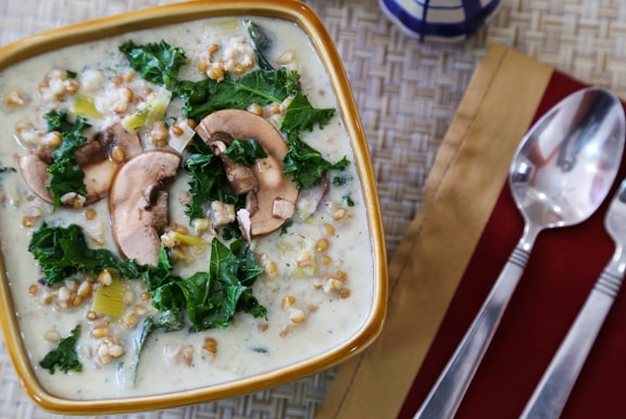 Creamy mushroom and leek soup with ancient grains