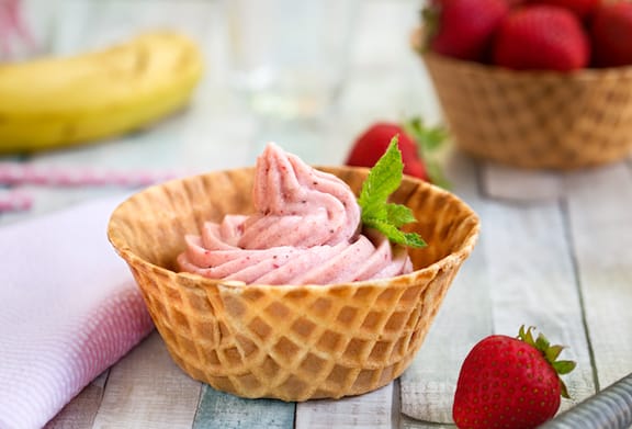 banana strawberry nice cream in a waffle cup