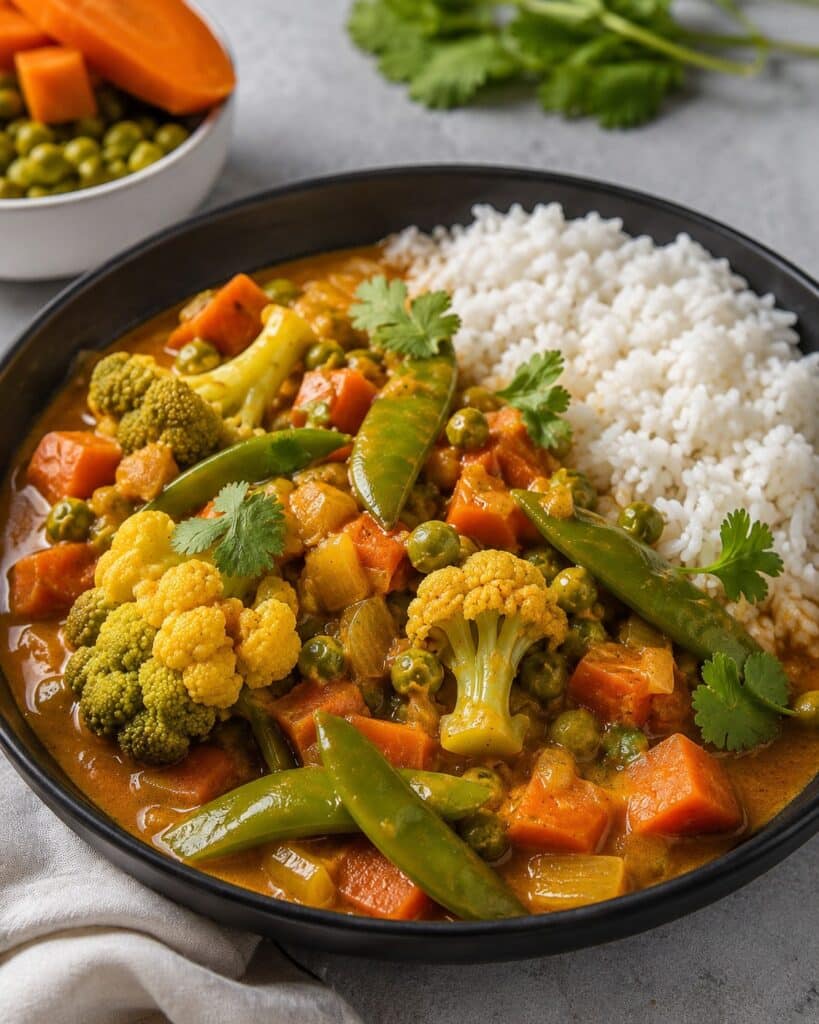 Bowl of vegetable curry with cauliflower, carrots, peas and snap peas beside white rice