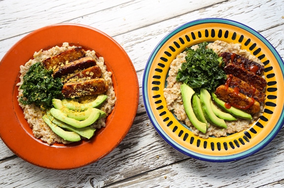 Savory Breakfast bowls with tempeh and greens 