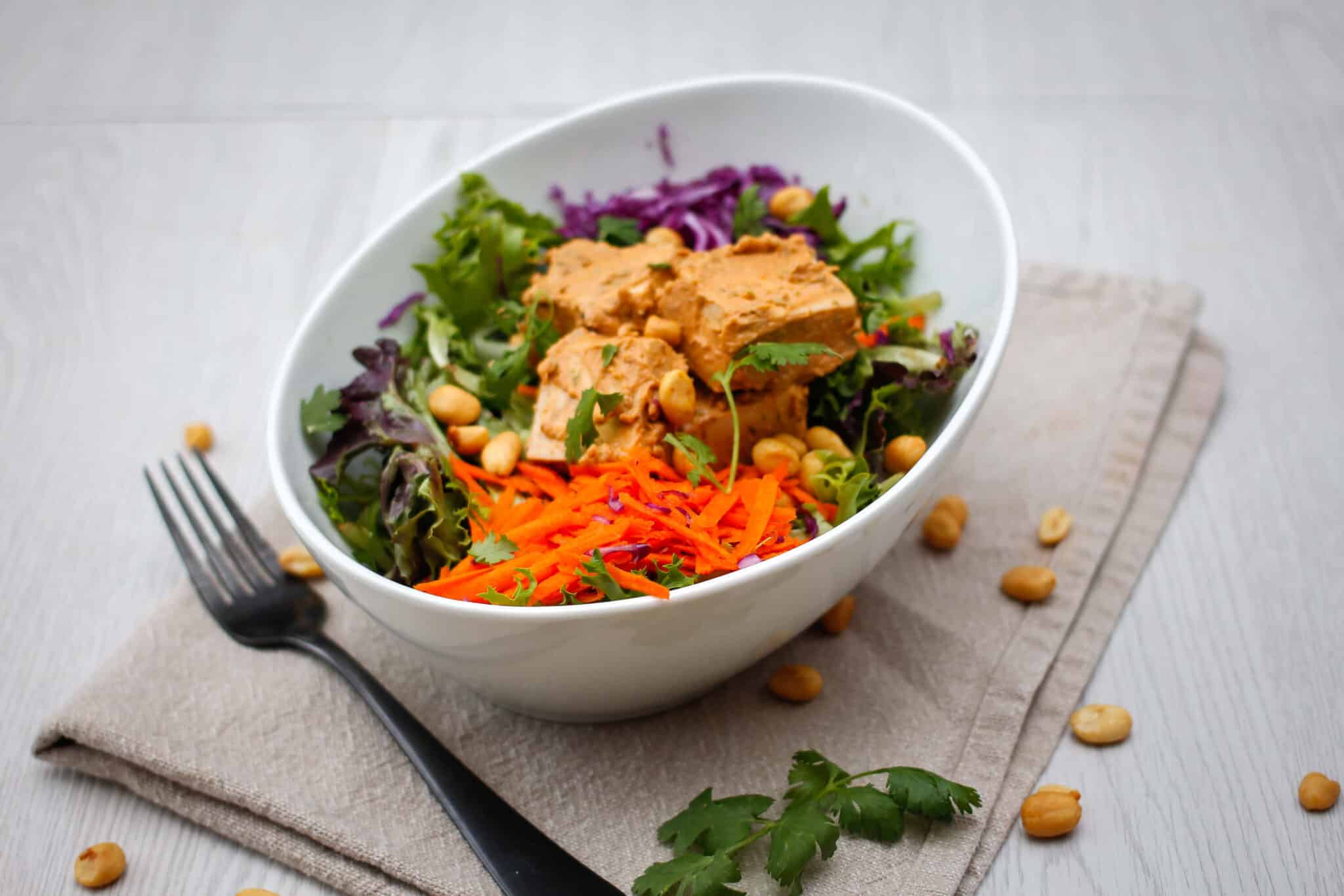 bowl of asian tofu salad with Thai peanut dressing