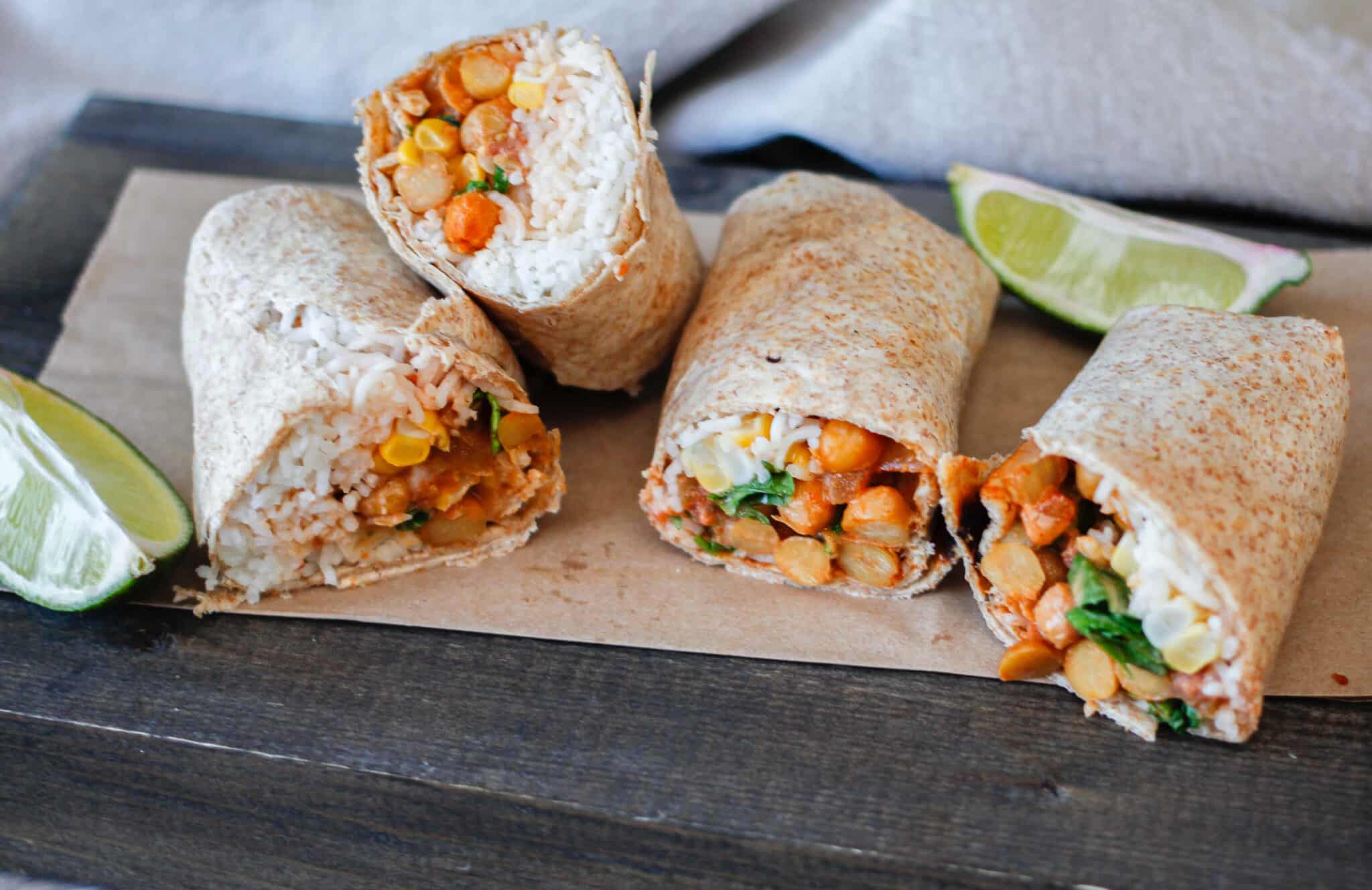 chickpea wraps cut in half on a table