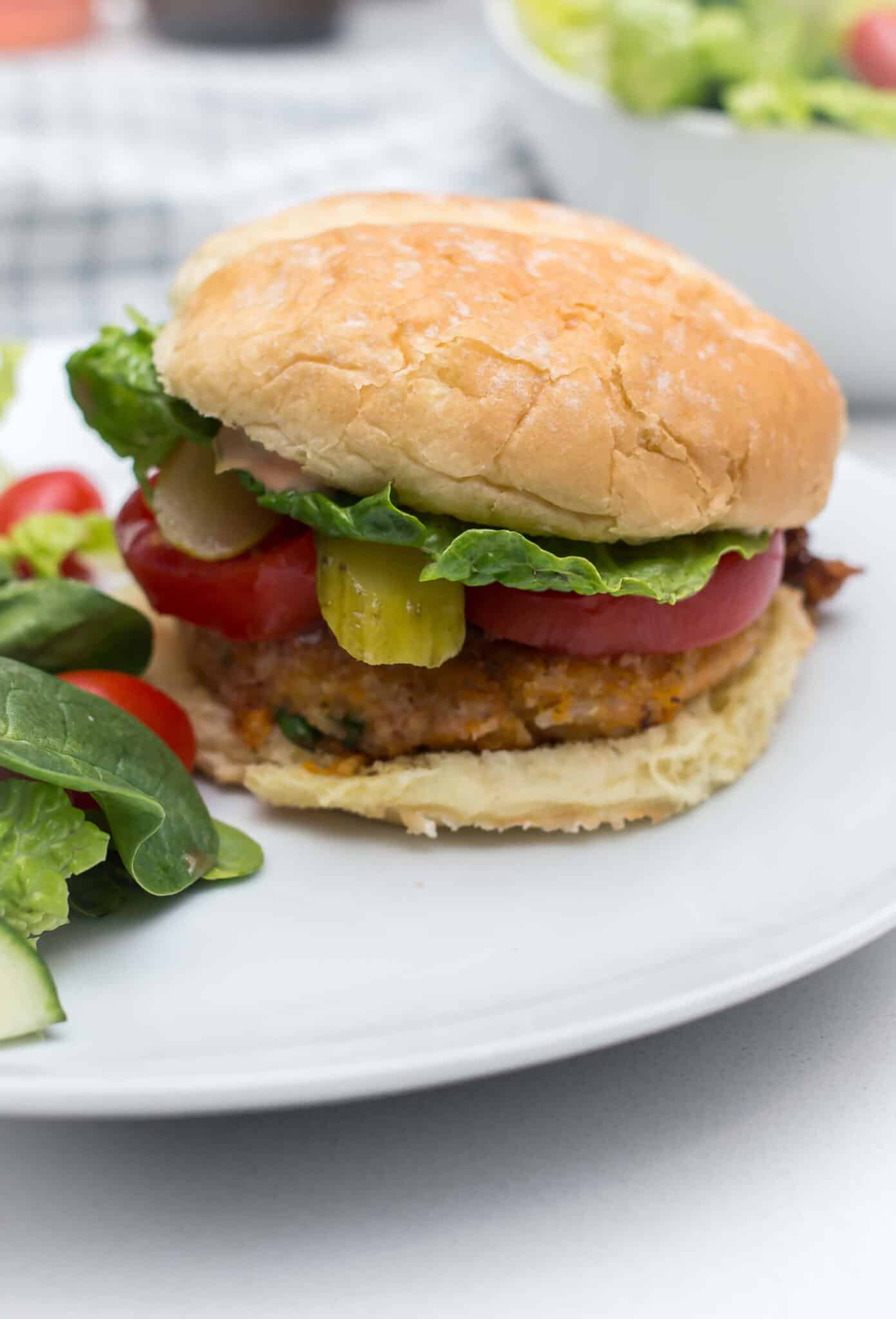 Chickpea and sweet potato burger stacked vertically