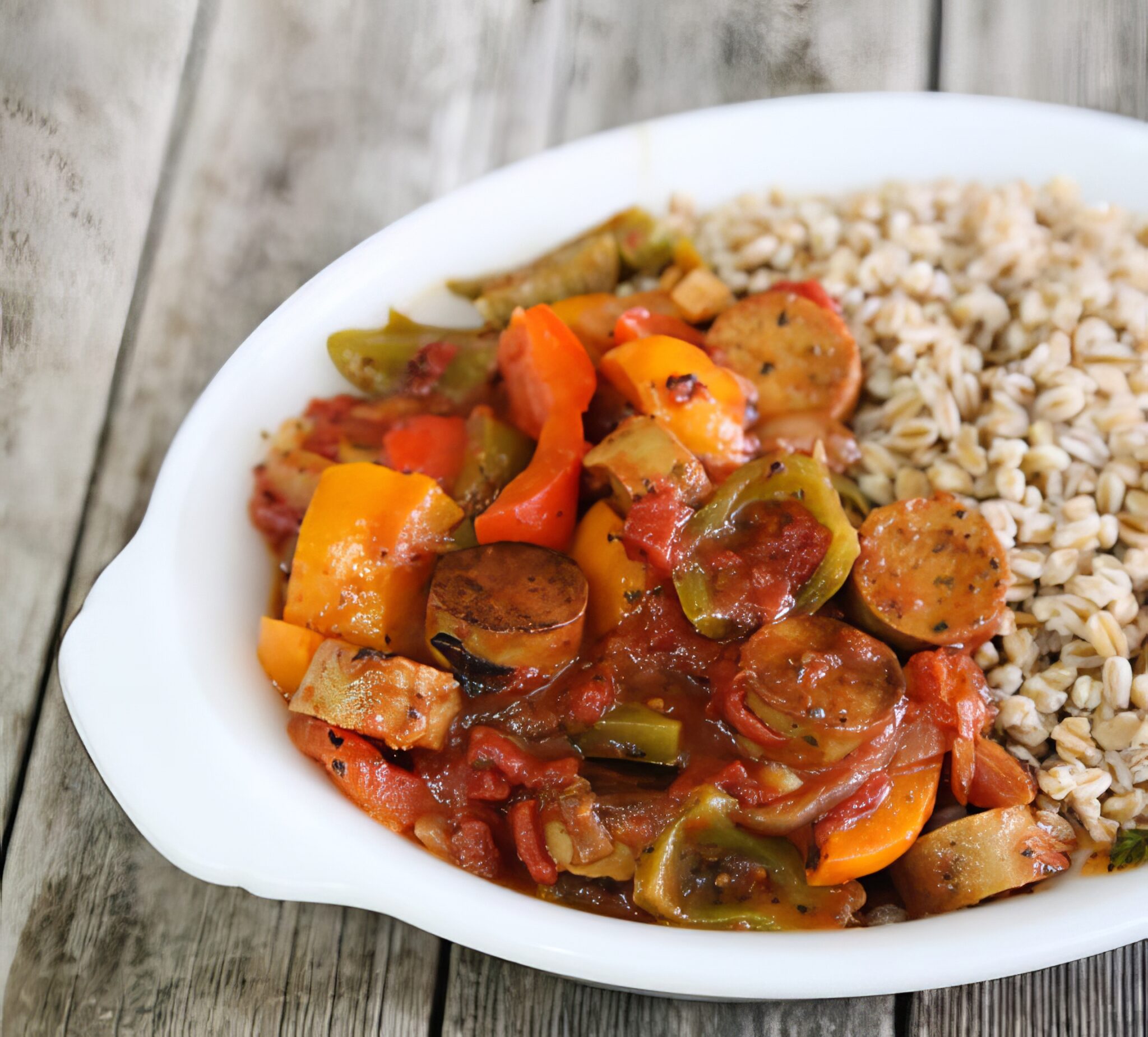 vegan italian sausage and peppers in a white dish