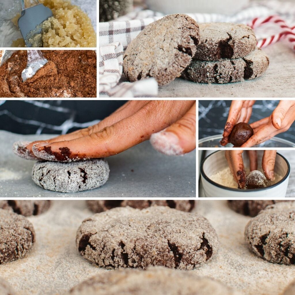 a collage of the process in making vegan chocolate cookies