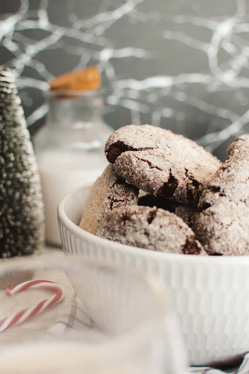 vegan chocolate crinkle cookies in a white bowl