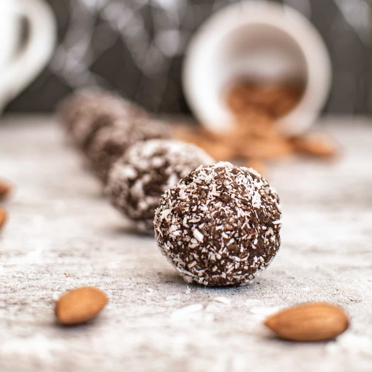 eye-level view of row of almond butter protein balls