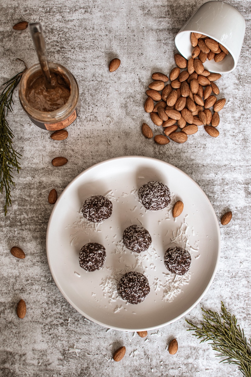 almond butter protein balls on a plate