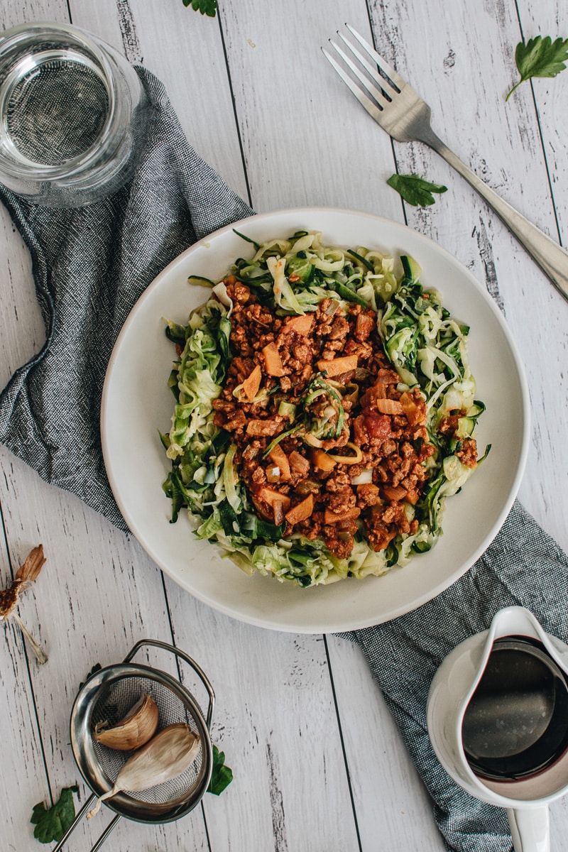 plate of Vegan Zucchini Noodles with Vegan Bolognese