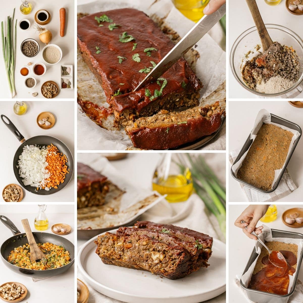 how to make vegan lentil meatloaf collage