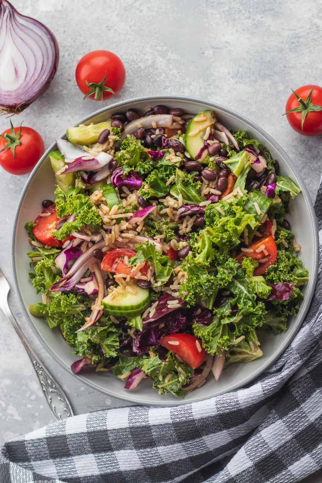 massaged kale salad with black beans and rice
