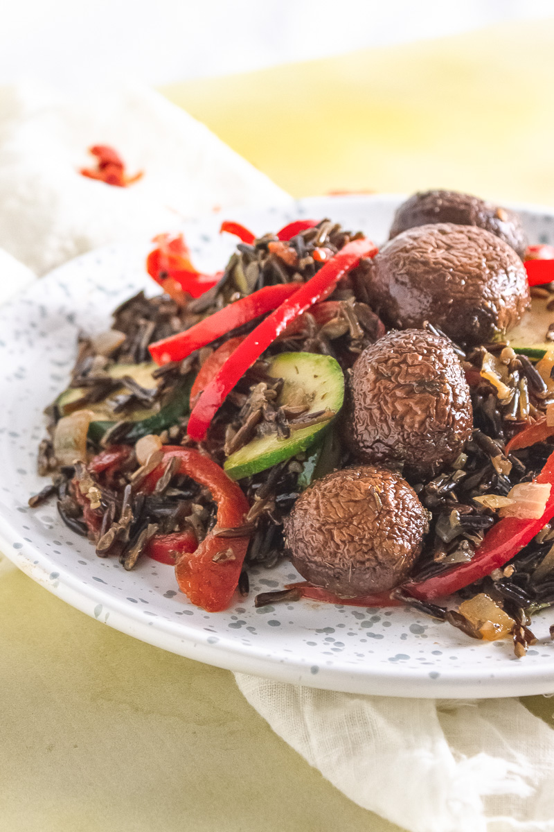 close up of wild rice with mushrooms