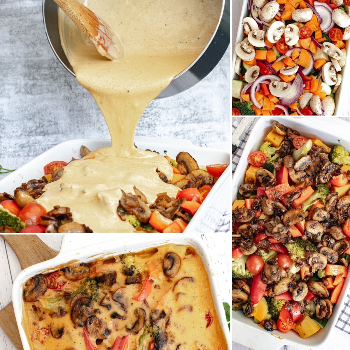 how to make roasted vegetables with vegan cheese sauce collage